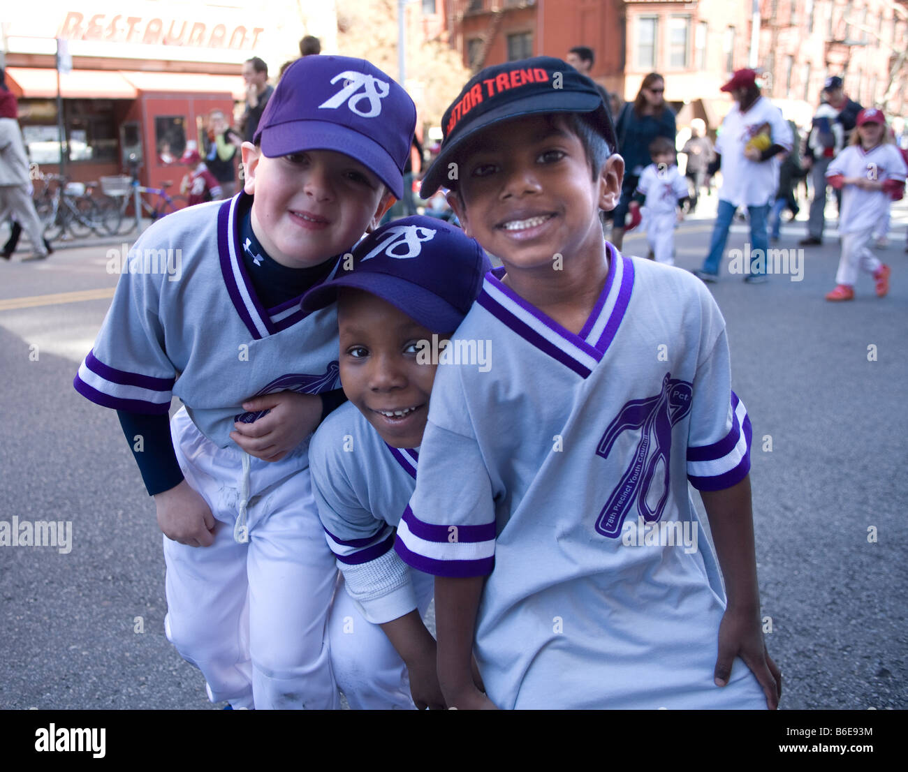 Young baseball superstars are on hand for a parade in Park Slope Brooklyn to kickoff the 2008 Little League baseball season Stock Photo