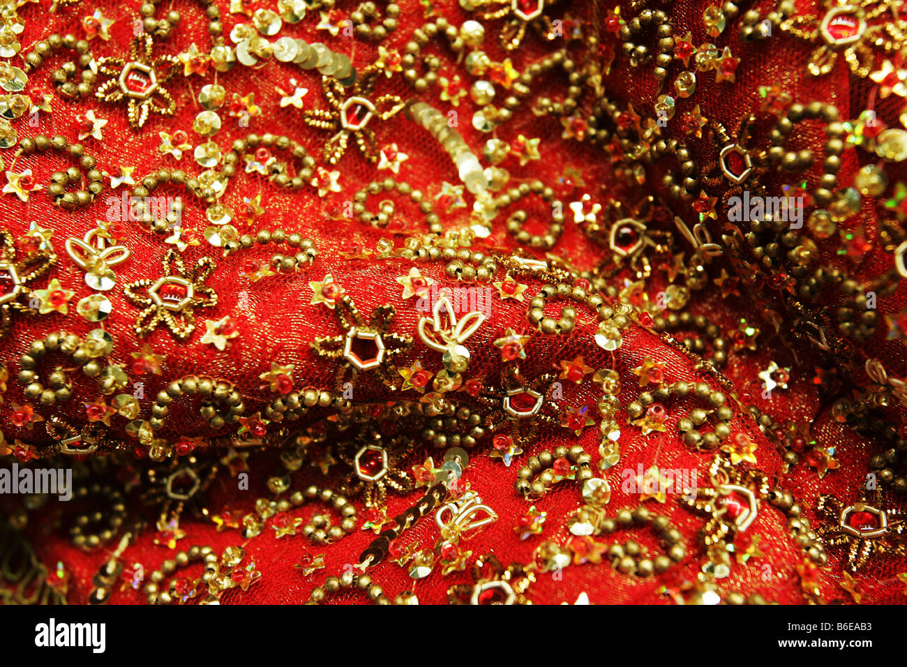 Closeup of the intricate fabric design of a sari in Cochin Kochi Kerala India Stock Photo