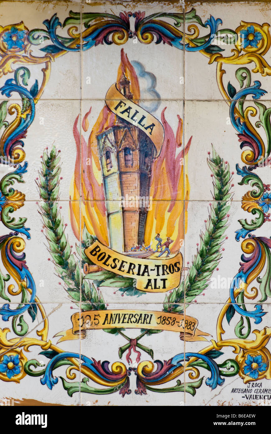 Falla community hall sign made from azulejo hand painted tiles. Valencia Spain Stock Photo