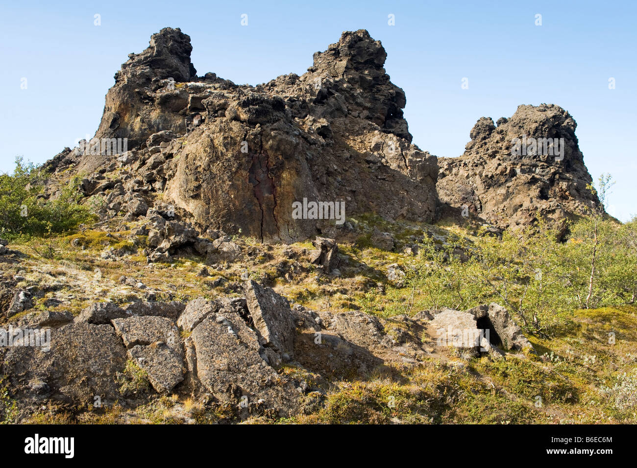 Rock formations at Dimmuborgir lava field area, east of Lake Myvatn in northern Iceland. Stock Photo