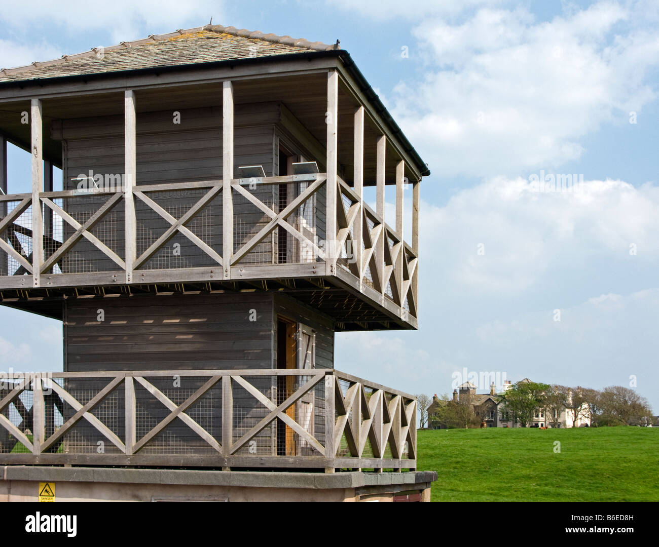 The observation tower at Senhouse Roman Museum over looking the Roman Fort Alauna and towards Camp Road and Camps farm Stock Photo