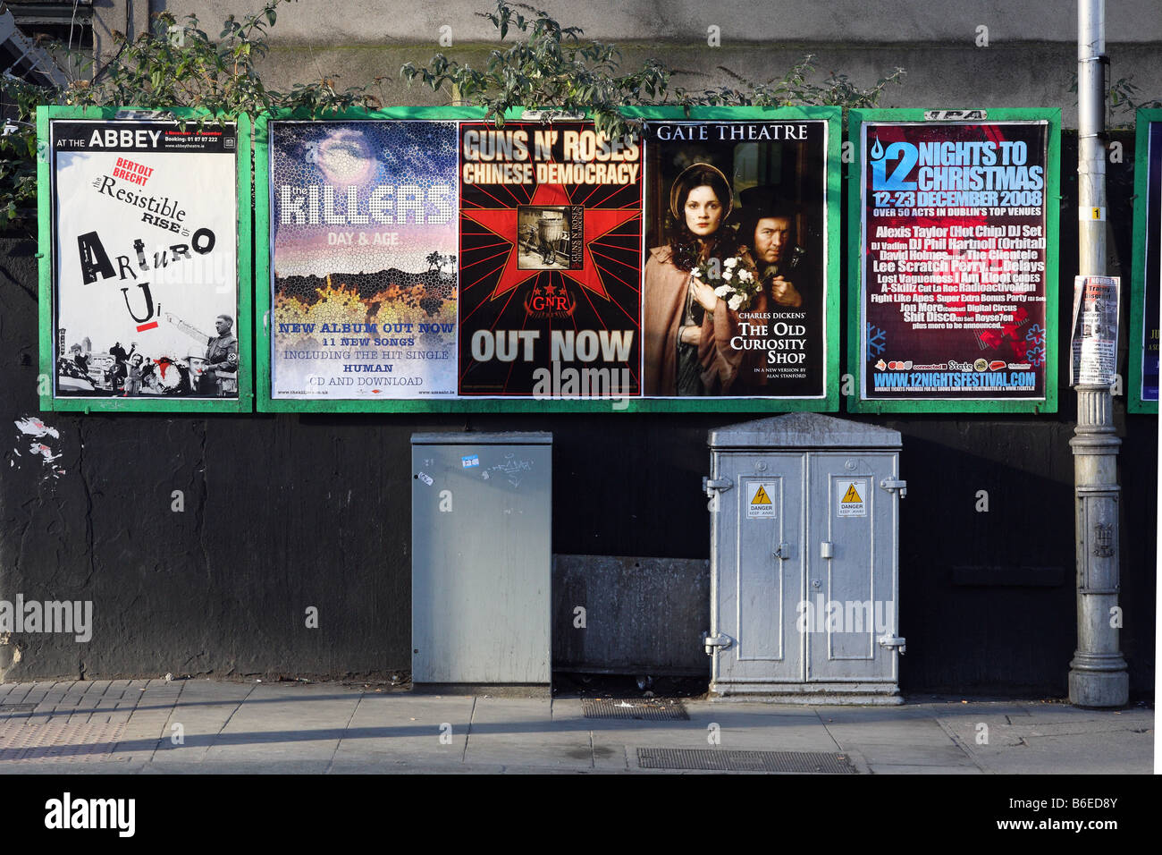 Posters and billboards in the city of Dublin in the Republic of Ireland
