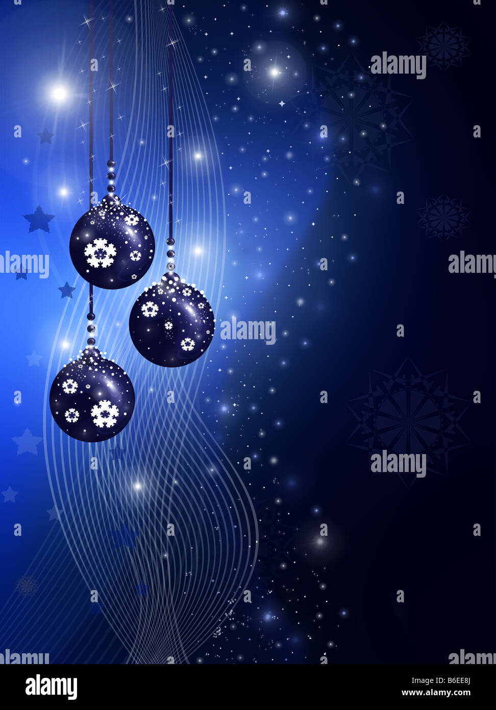 Blue christmas illustration with balls stars and snowflakes Stock Photo