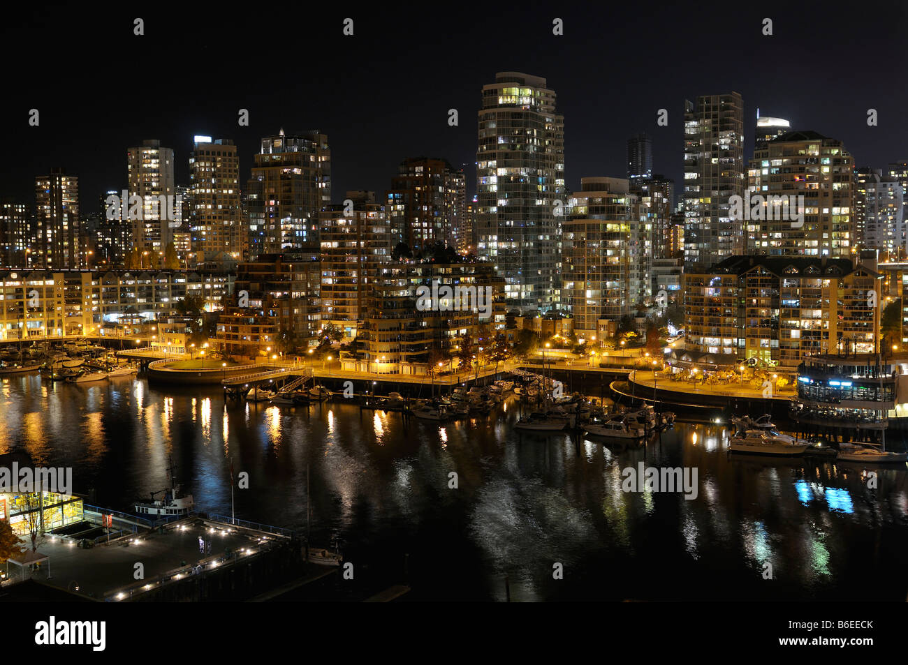 False Creek Yacht Club and West End Vancouver Condominiums at night Stock Photo