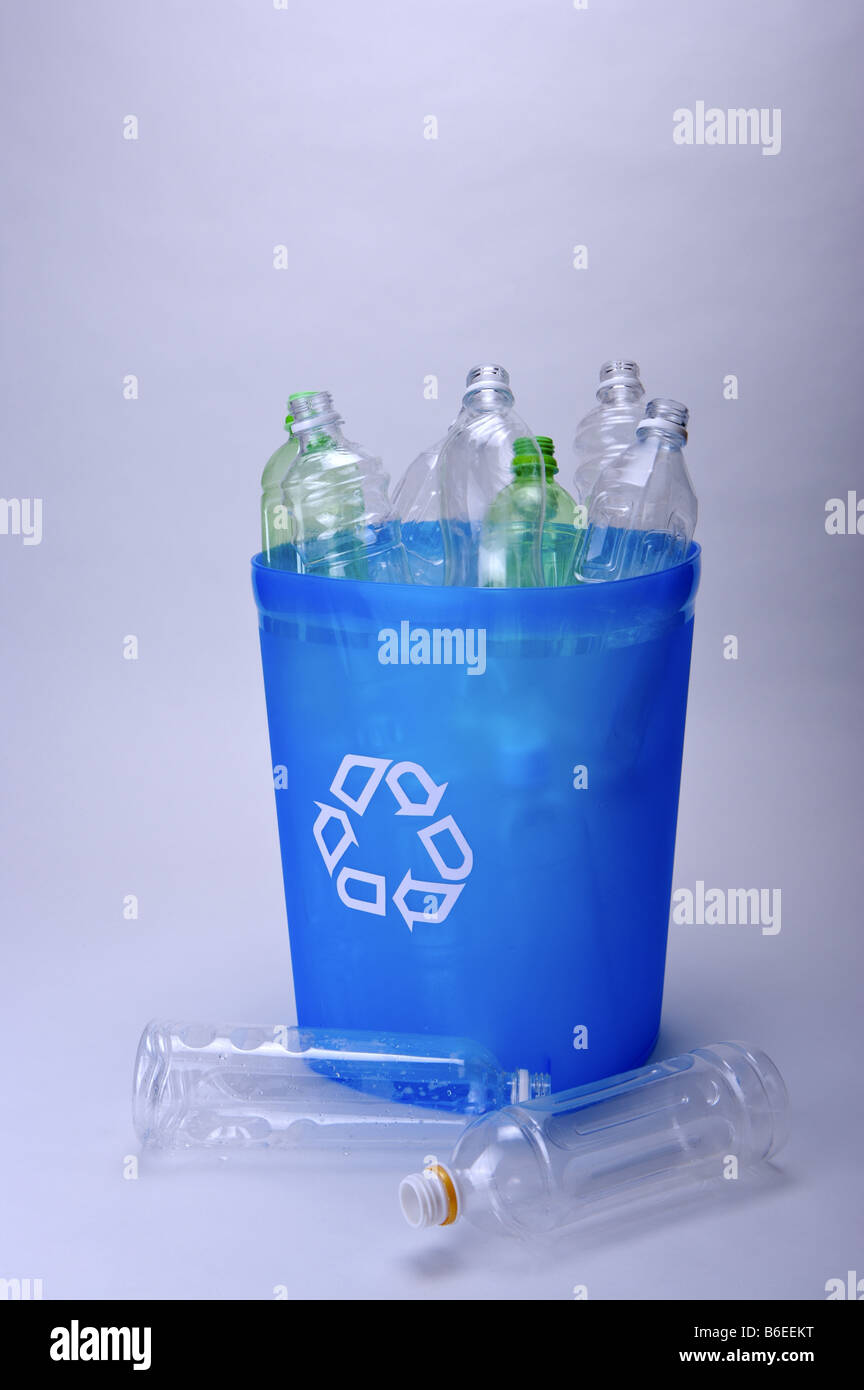 Clean plastic bottles in a blue recycling bin Stock Photo Alamy