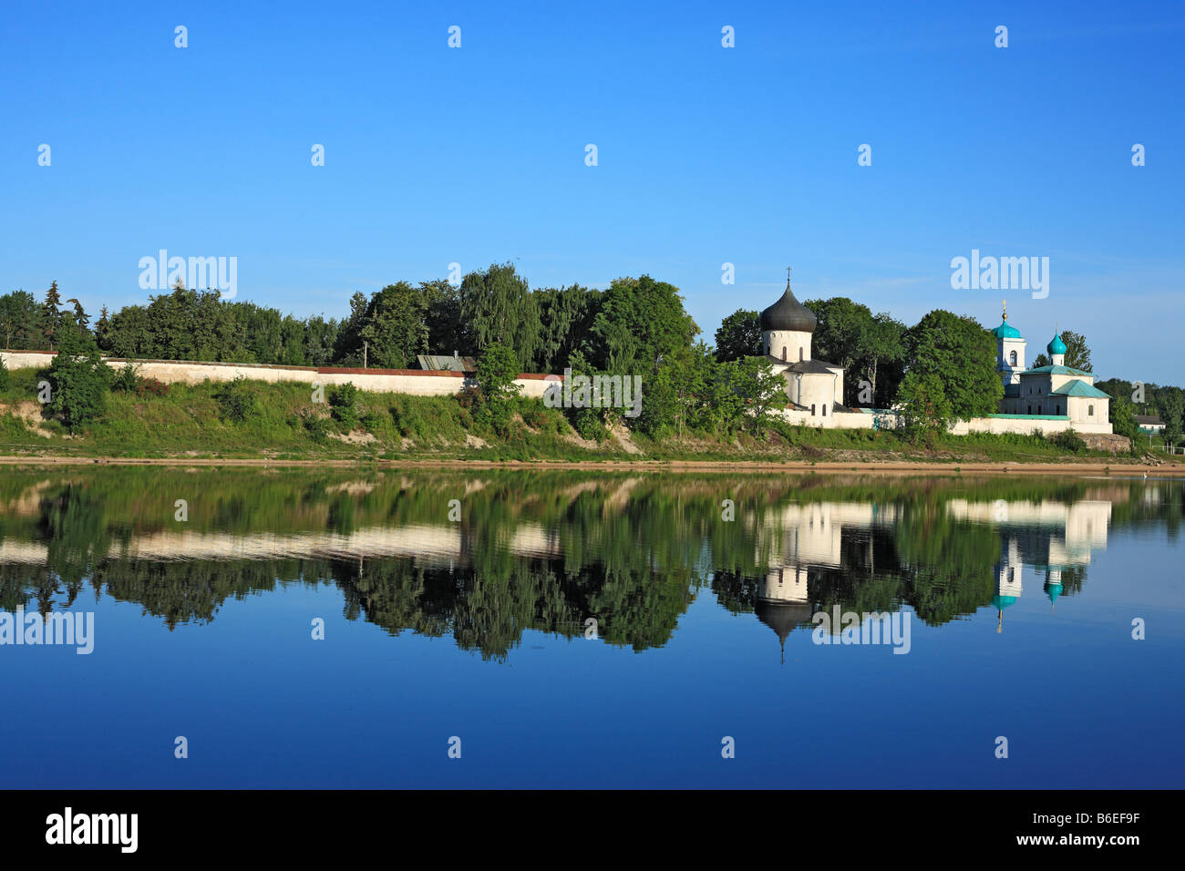 Mirozhsky monastery, view from river Velikaya, Pskov, Pskov region, Russia Stock Photo