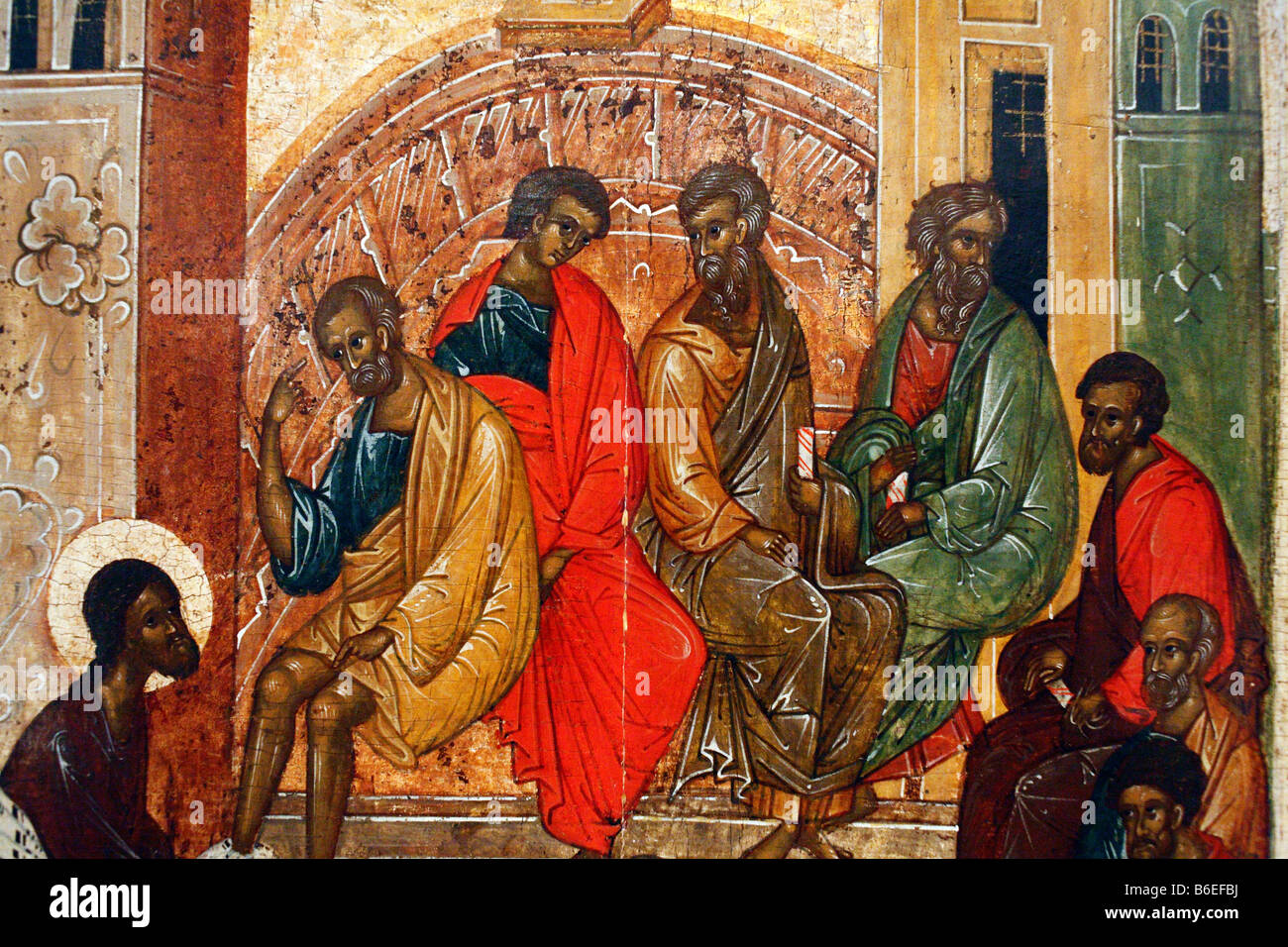 Washing of feet, Russian Icon, religious art, saint, city museum Pskov, Russia Stock Photo
