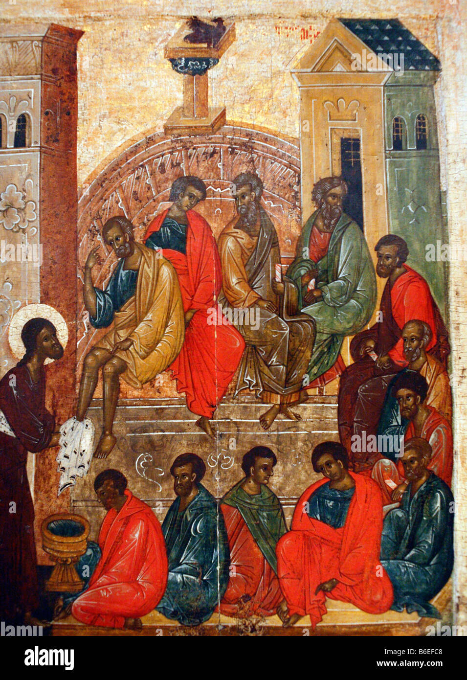 Washing of feet, Russian Icon, religious art, saint, city museum Pskov, Russia Stock Photo