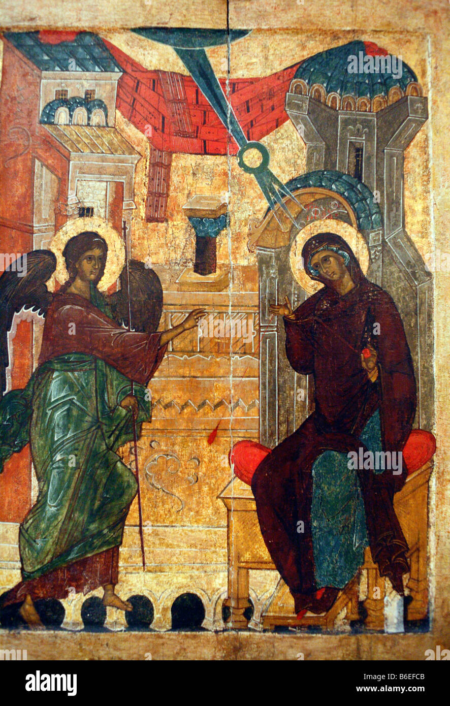 Annunciation, Russian Icon, religious art, saint, city museum Pskov, Russia Stock Photo
