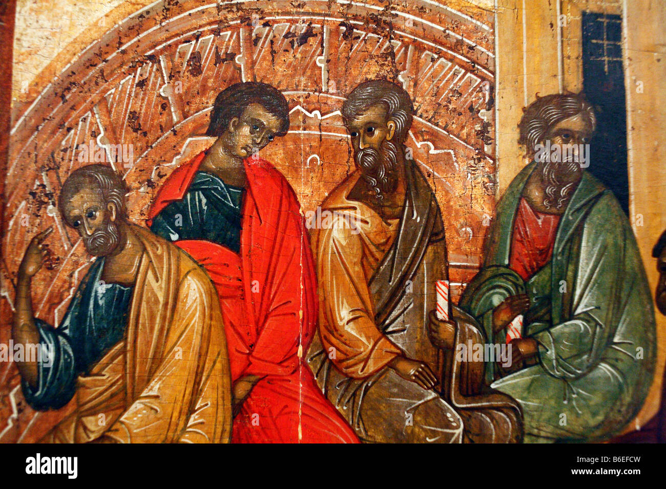 Washing of feet, Russian Icon, religious art, saint, city museum Pskov, Russia Stock Photo