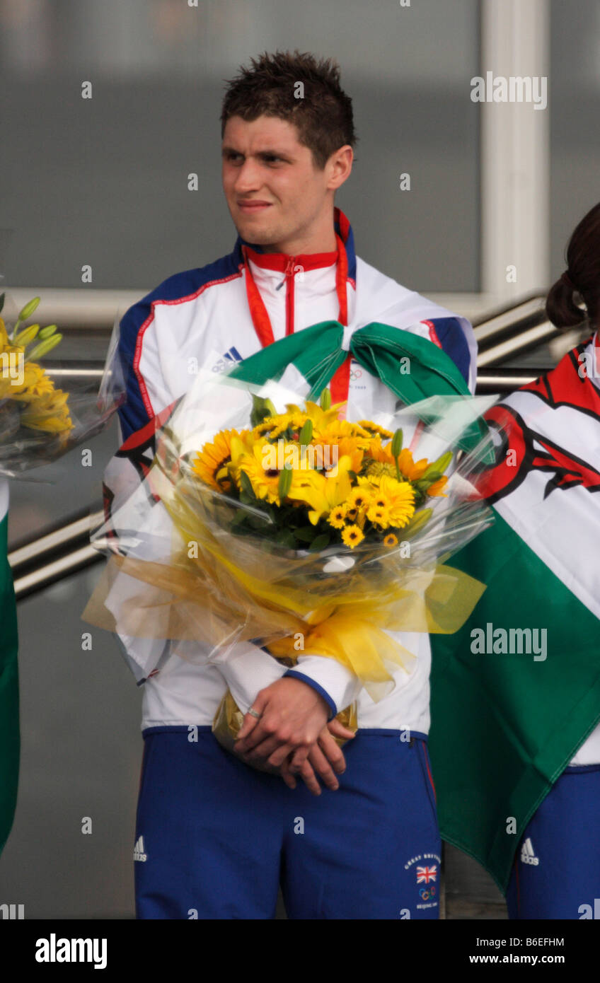 Welsh Athlete, David Davies, at a ceremony in Cardiff Bay to welcome home Welsh athletes from the 2008 Beijing Olympics Stock Photo