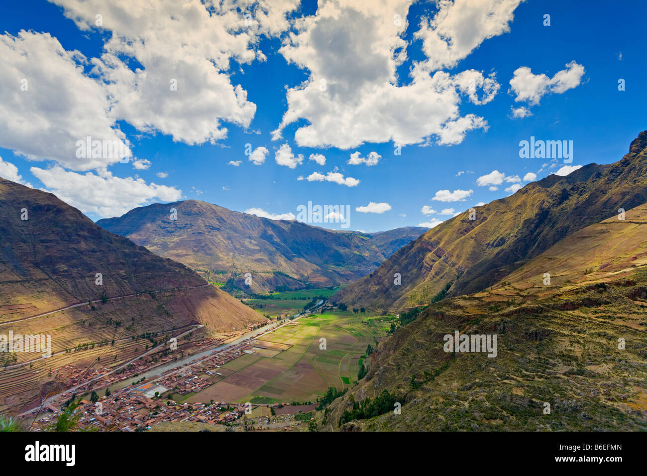 View of Pisac and Urubamba River Stock Photo