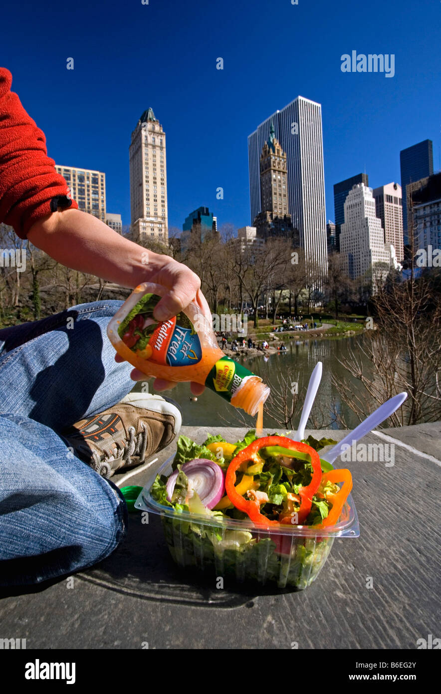 USA, New York, Manhattan, Woman having healthy salad and dressing for lunch at Central Park. Stock Photo