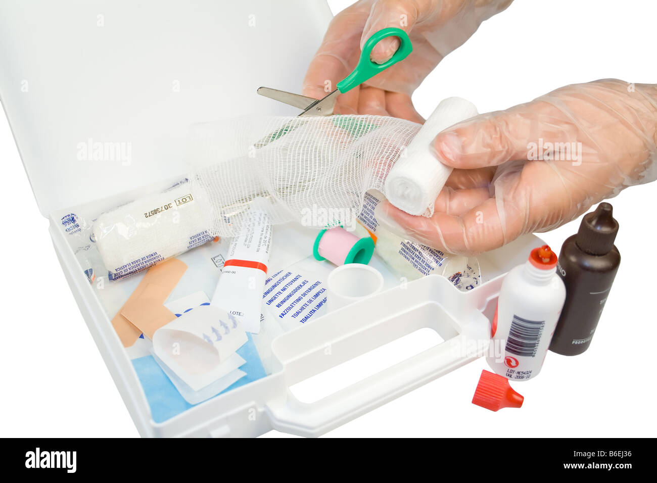 Open first-aid kit box and nurse hands Stock Photo