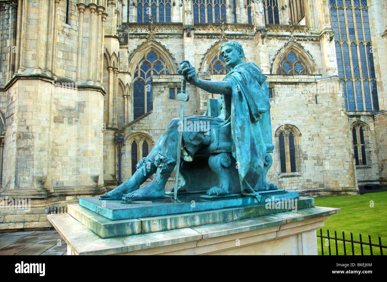 Bronze statue of Constantine the Great sited next to York Minster Stock Photo