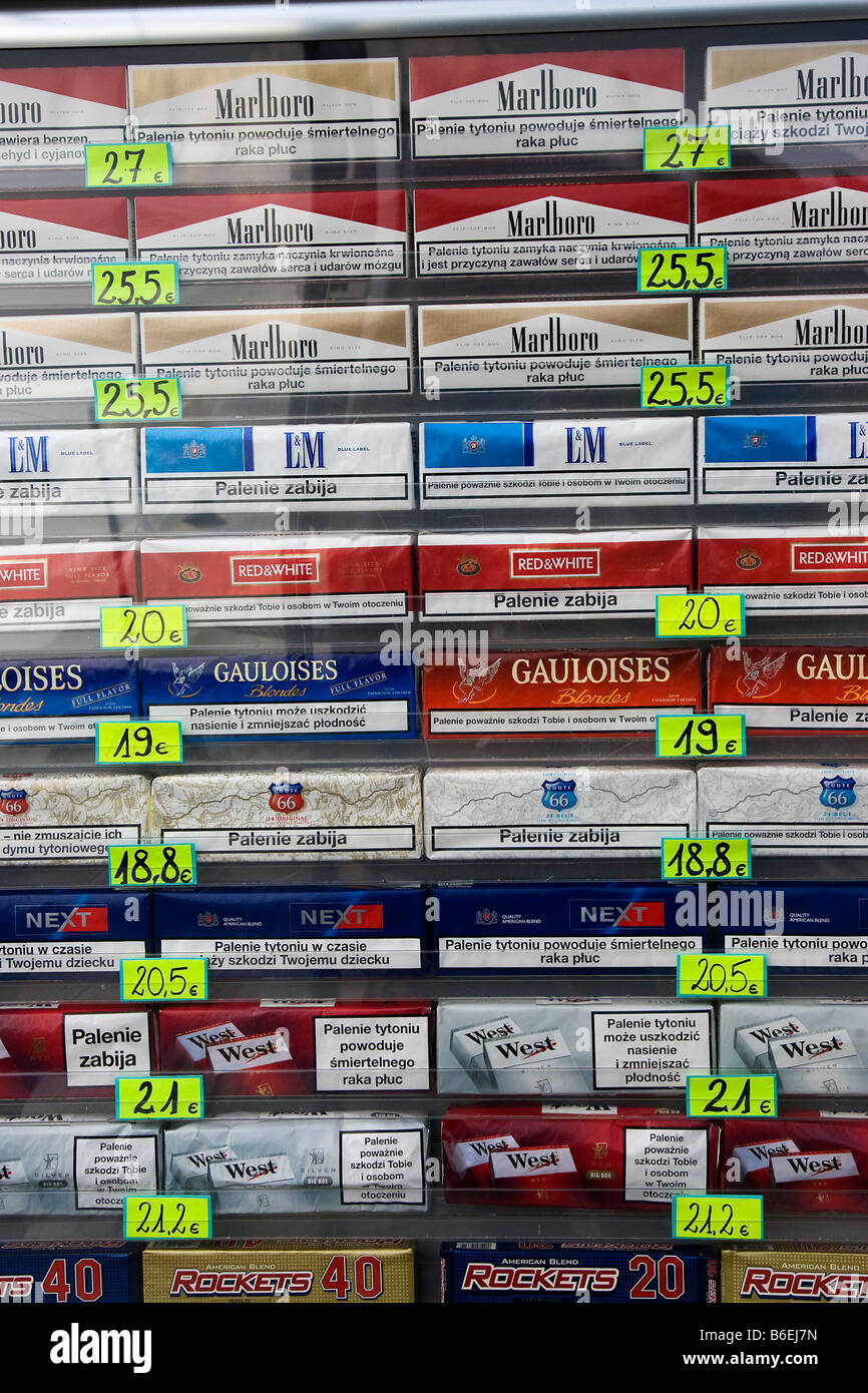 Cigarette carton prices on the Polish border on September 2008 Stock Photo