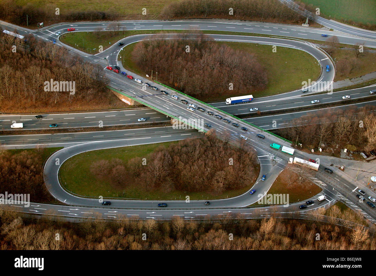 Aerial photograph, motorway loop, Autobahn ramp A45, B1 Ruhr Highway exit, Bochum-Stahlhausen, Wattenscheider Strasse, Bochum,  Stock Photo