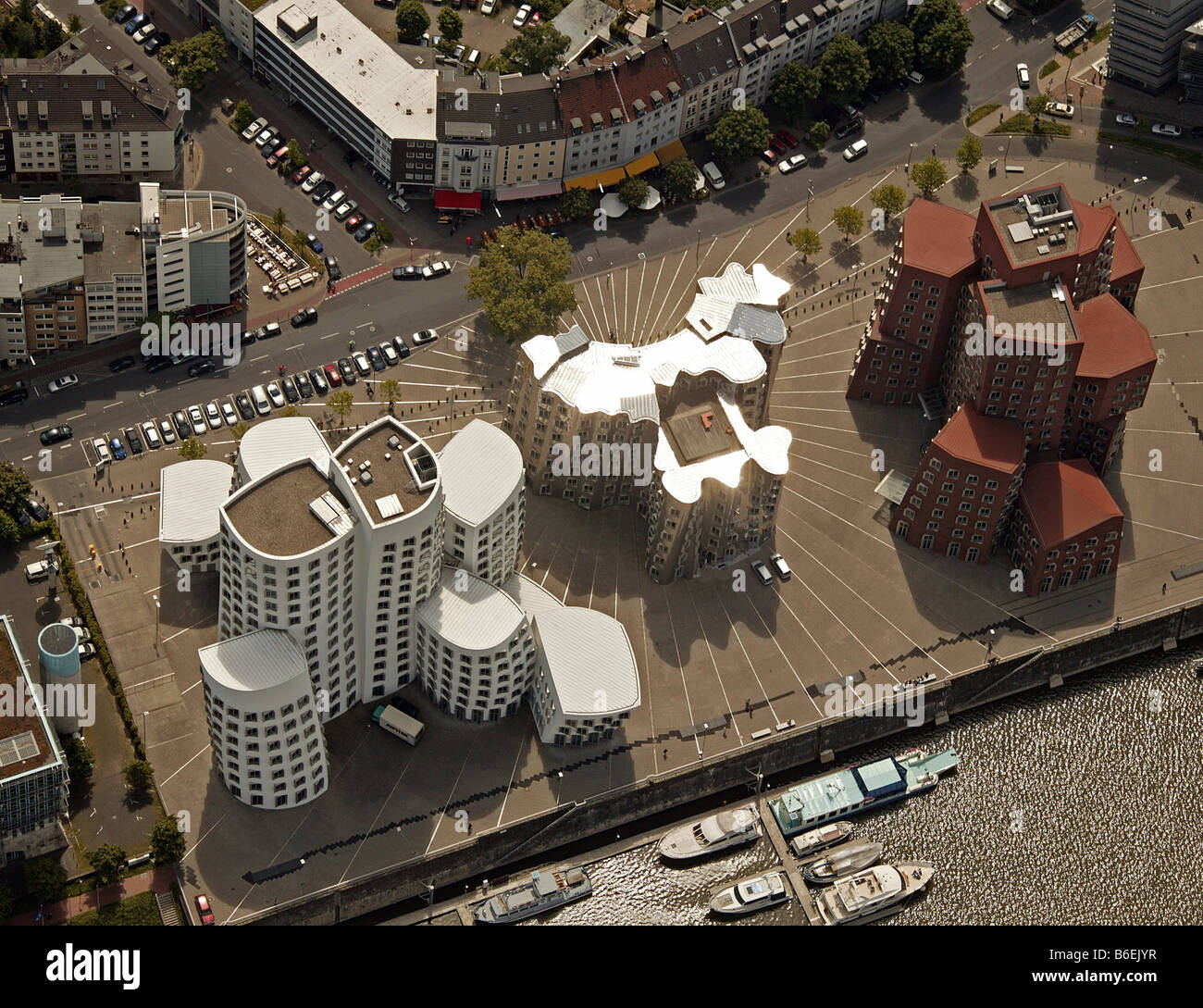 Aerial photo of the new customs building in the Rhine harbour, designed by architect Frank O. Gehry, Duesseldorf, North Rhine-W Stock Photo