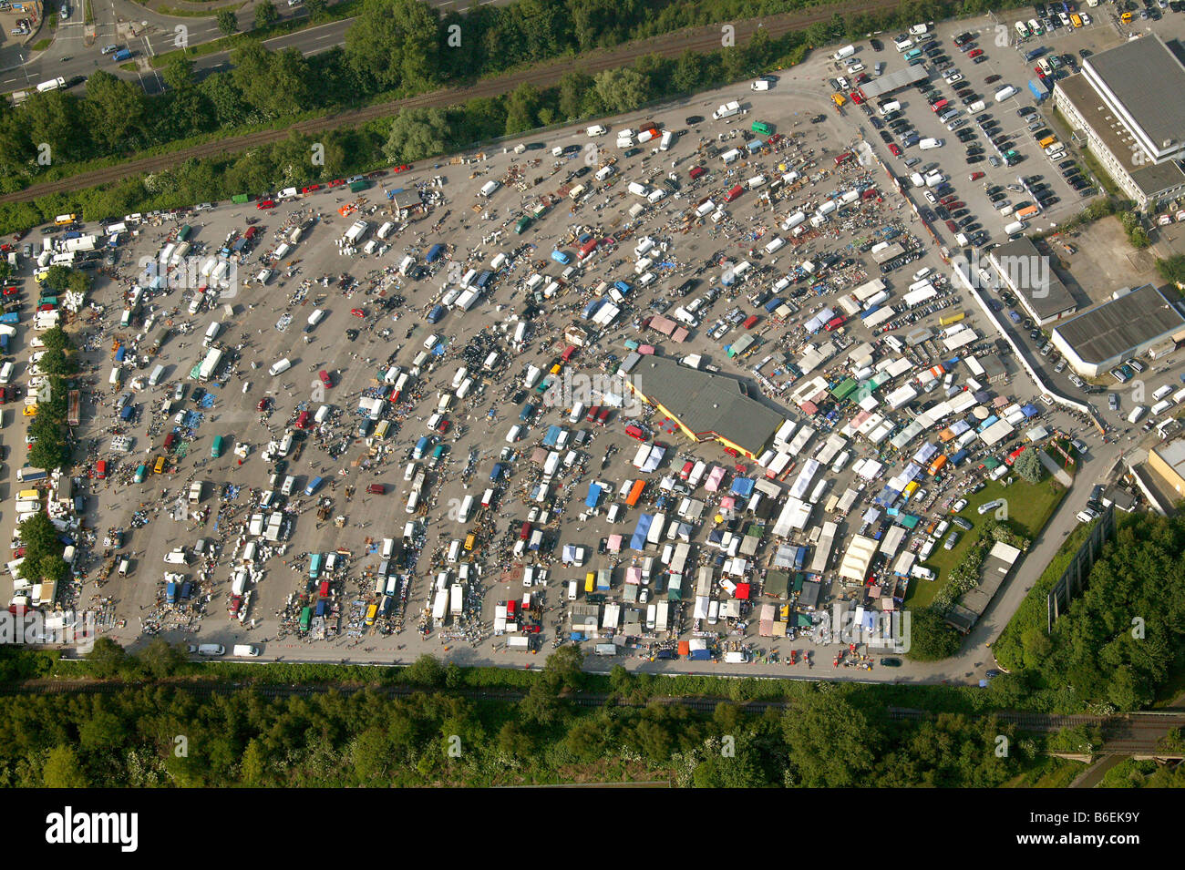 Aerial picture, car trade, market for second-hand cars on the Borbecker drive-in cinema grounds, Essen, Ruhr area, North Rhine- Stock Photo