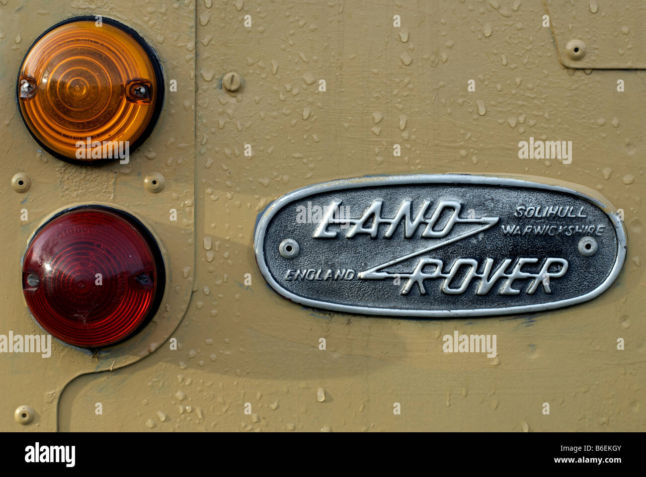 Rear light clusters on a vintage Land Rover motorcar, Suffolk, UK. Stock Photo