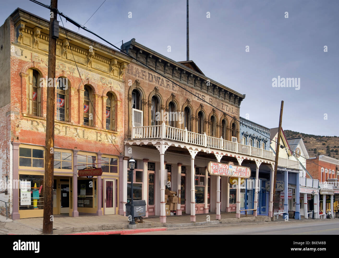 Historic buildings in winter at C Street in Virginia City Nevada USA