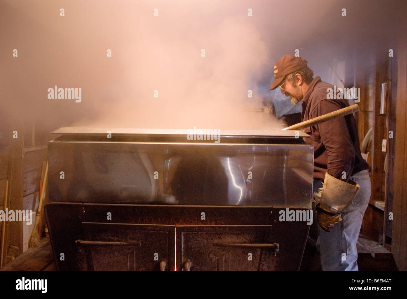 Traditional making of maple syrup by boiling down sap in an evaporator