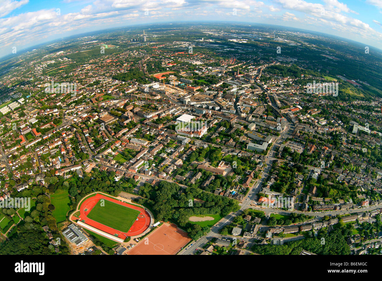 Aerial photograph, long shot, fisheye shot, inner city, Bottrop, Ruhr Area, North Rhine-Westphalia, Germany, Europe Stock Photo
