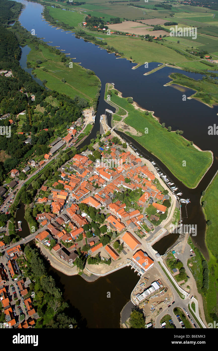 Aerial view, Elbe River, Jeetze River, new protection against high water, Elbe groynes, historic district, Hitzacker, Lower Sax Stock Photo