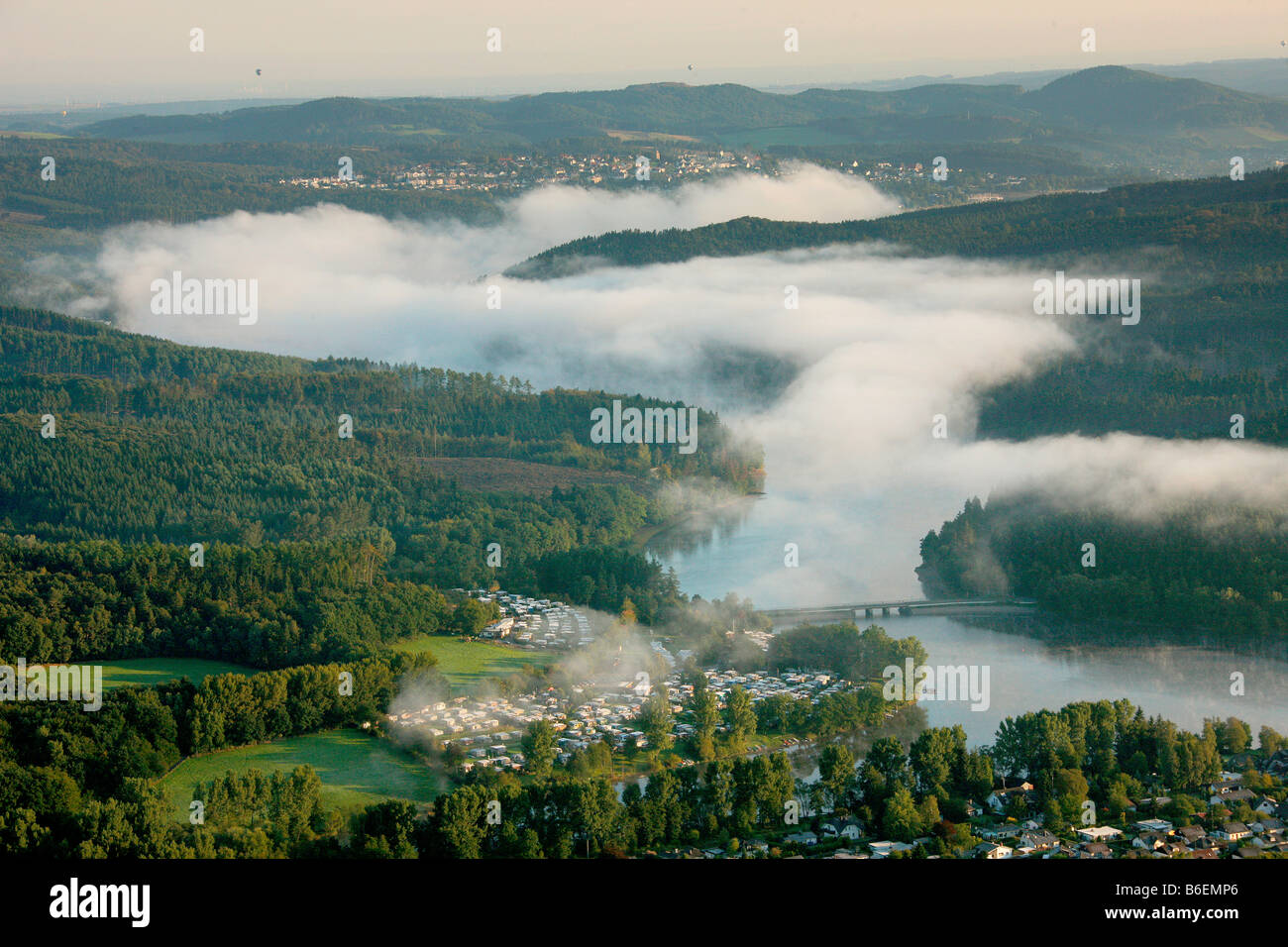 Aerial photograph, forested area, wafts of mist, Sorpesee, Sundern, Amecke, Illingheim, Sauerland, North Rhine-Westphalia, Germ Stock Photo