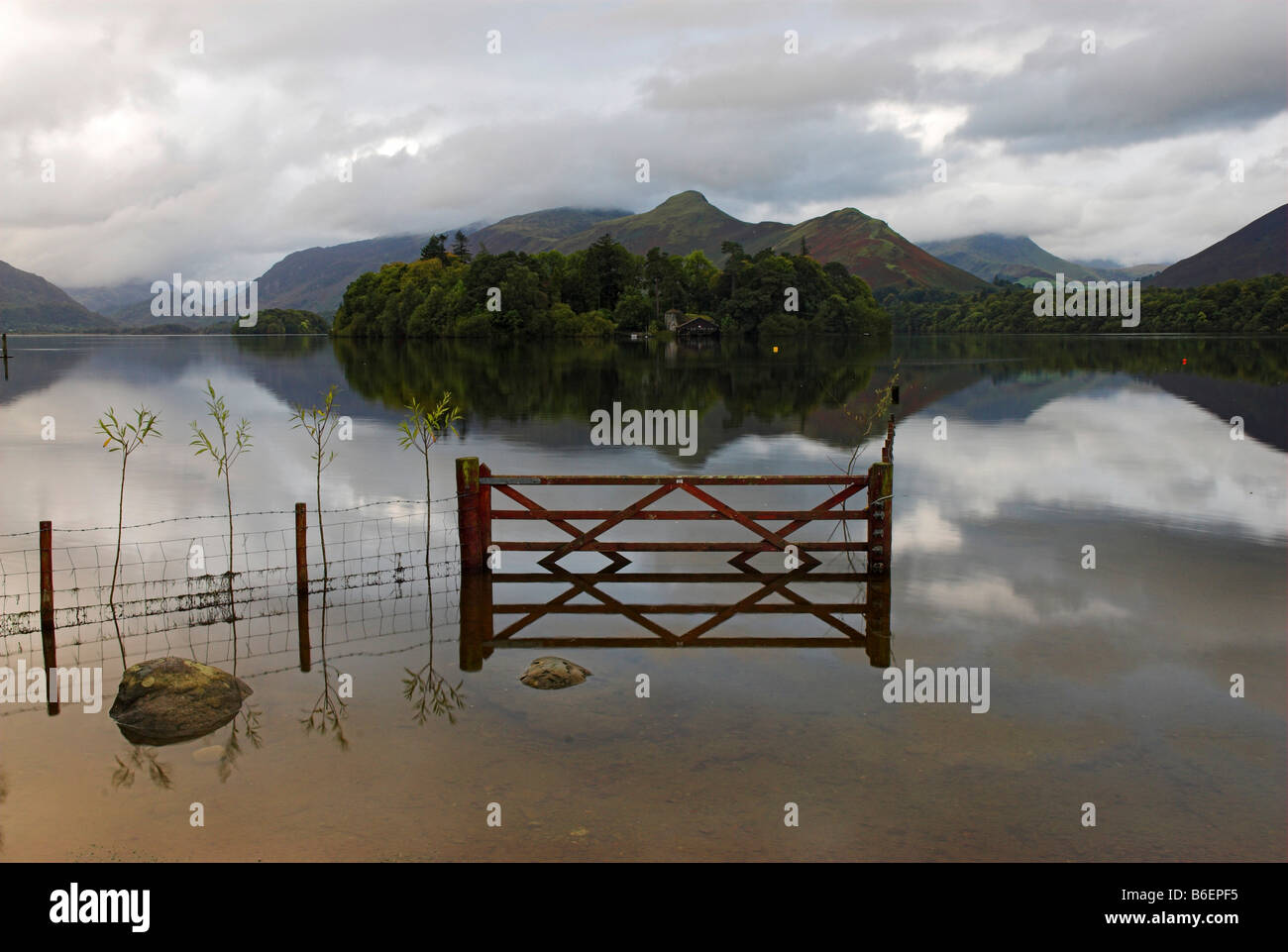 Reflexions in the calm Derwent Water in soft early morning light, Keswick, Cumbria, United Kingdom, Europe Stock Photo