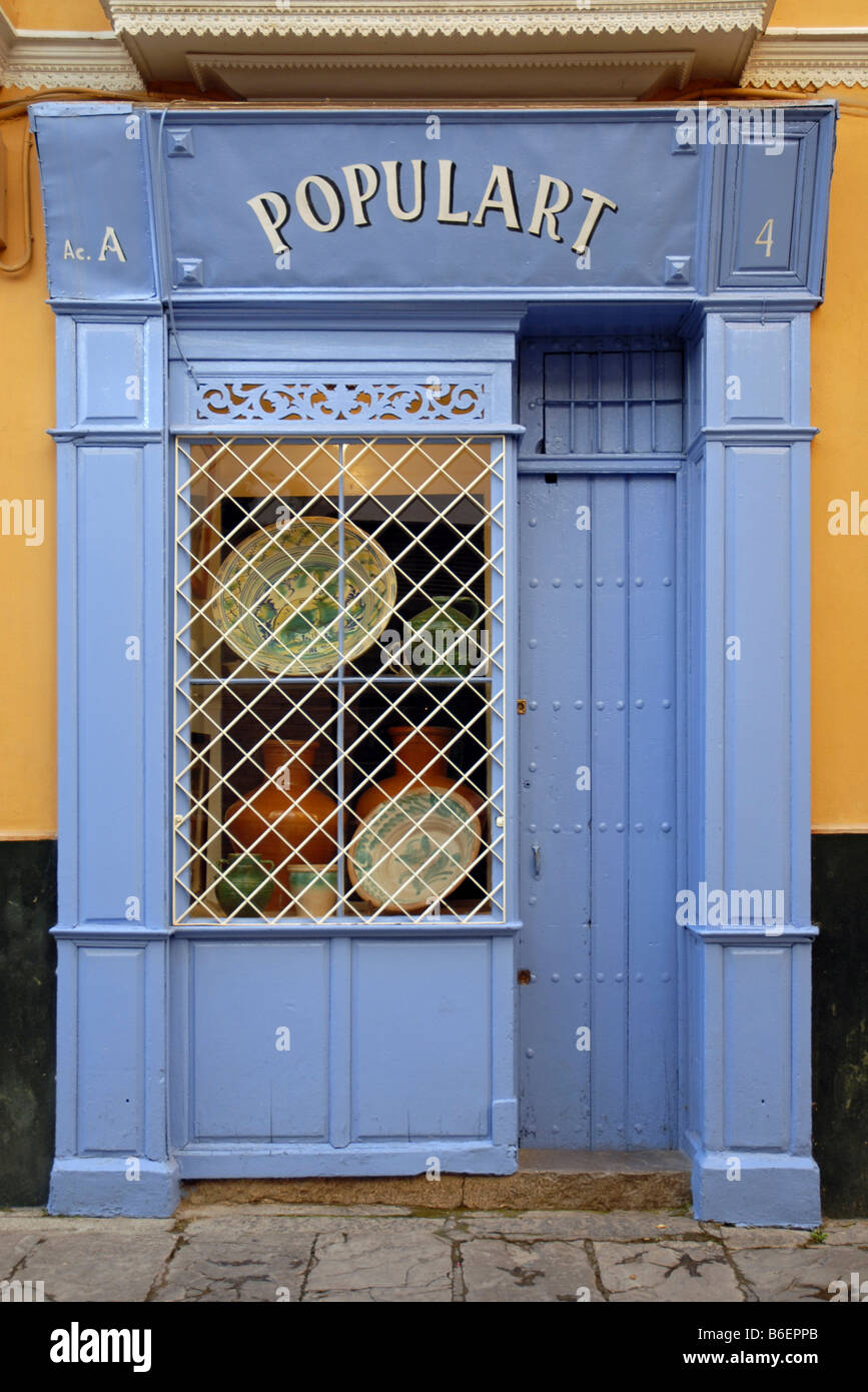 A blue shop front in downtown Sevilla, Andalusia, Spain, Europe Stock Photo