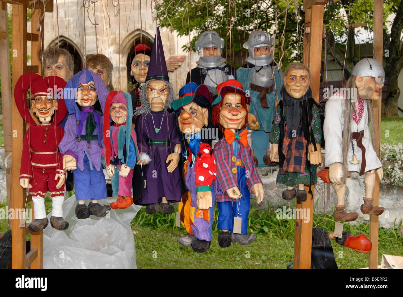 Puppet's for sale at the historical Staufer market in the Lorch Monastery, Baden-Wuerttemberg, Germany, Europe Stock Photo