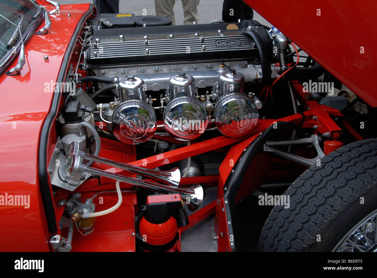 Engine compartment of a Jaguar E Tpye 4, 2, retro motor - vintage car festival, Tuebingen, Baden-Wuerttemberg, Germany Europe Stock Photo