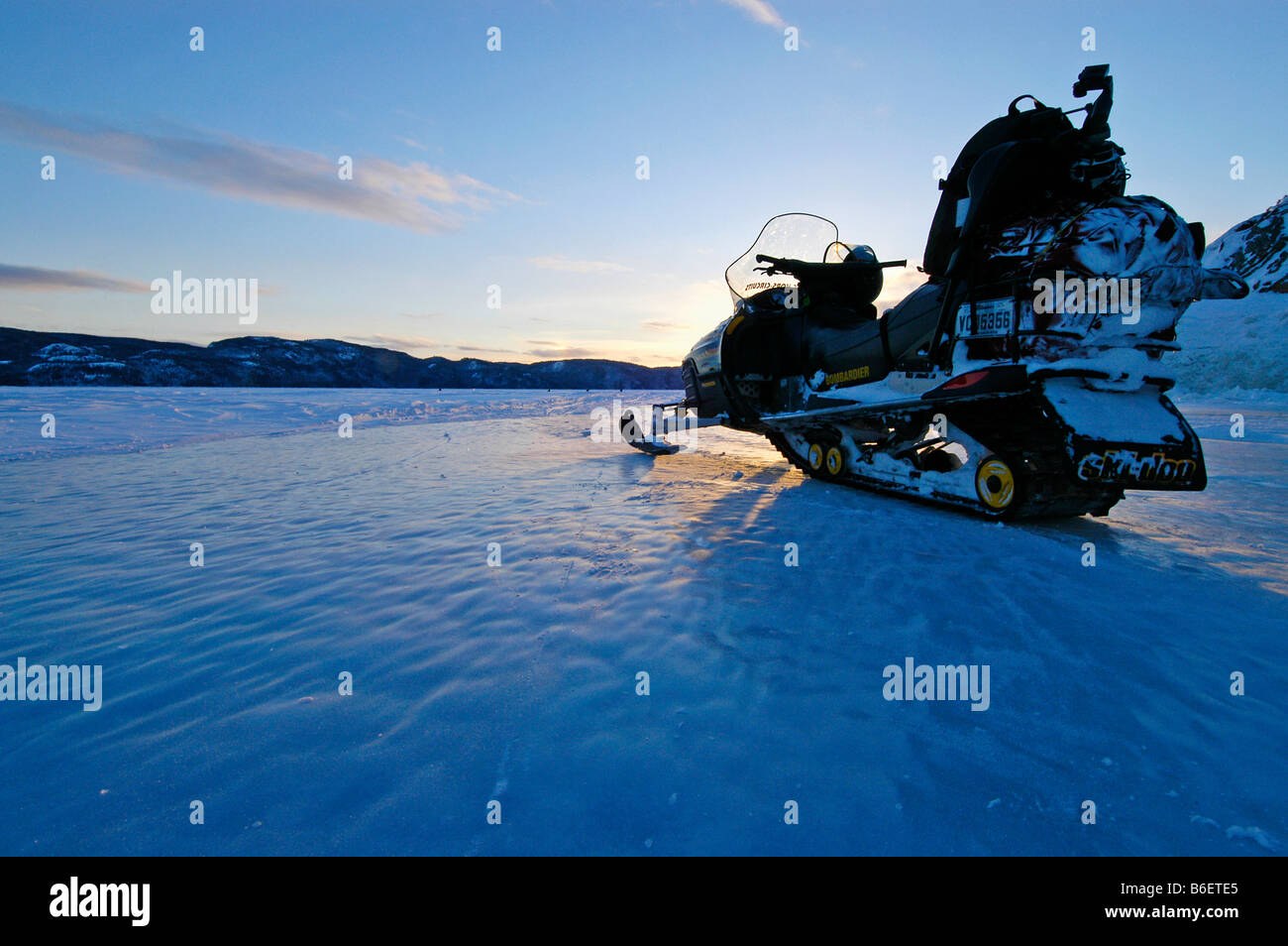 Snowmobile in ice and snow, Saguenay Lac Saint Jean Region, Quebec, Canada, North America Stock Photo