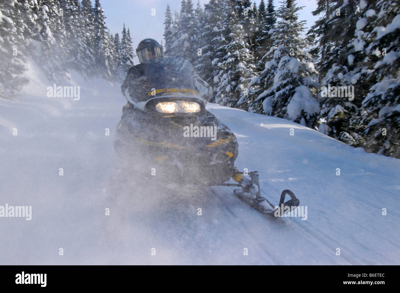 Snow mobile, snow mobile in the snow, Saguenay Lac Saint Jean Region, Mont Valin, Quebec, Canada, North America Stock Photo