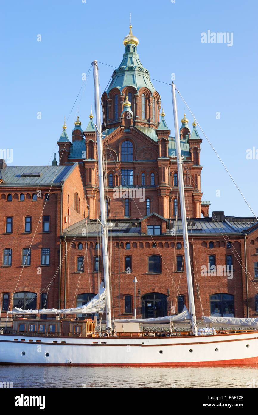 Boat moored in front of Uspenski Cathedral Katajanokka Helsinki Finland Stock Photo