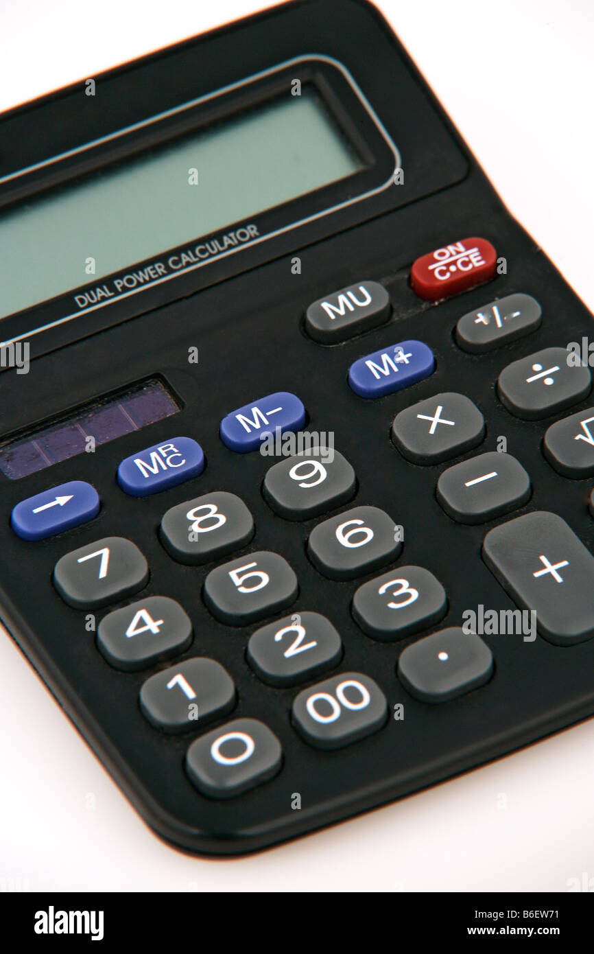A black calculator on a white background Stock Photo