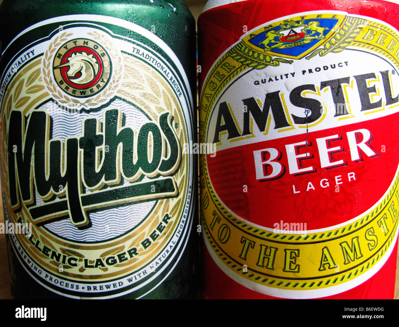 Greek Drinks Cans of Amstel and Mythos Beer Stock Photo