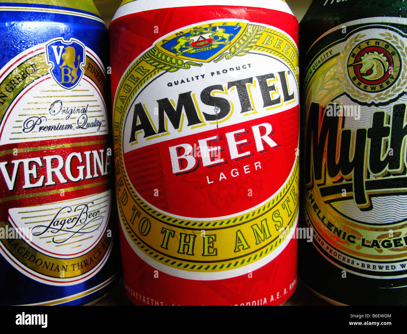 Greek Drinks. Cans of Amstel Mythos and Vergina Beer Stock Photo