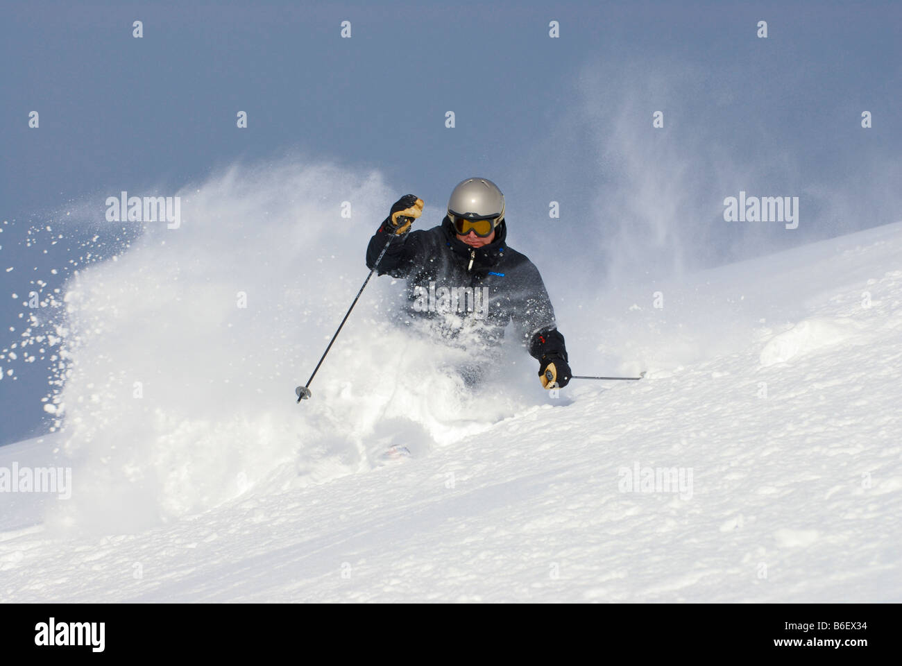 Skiing in deep powder Stock Photo
