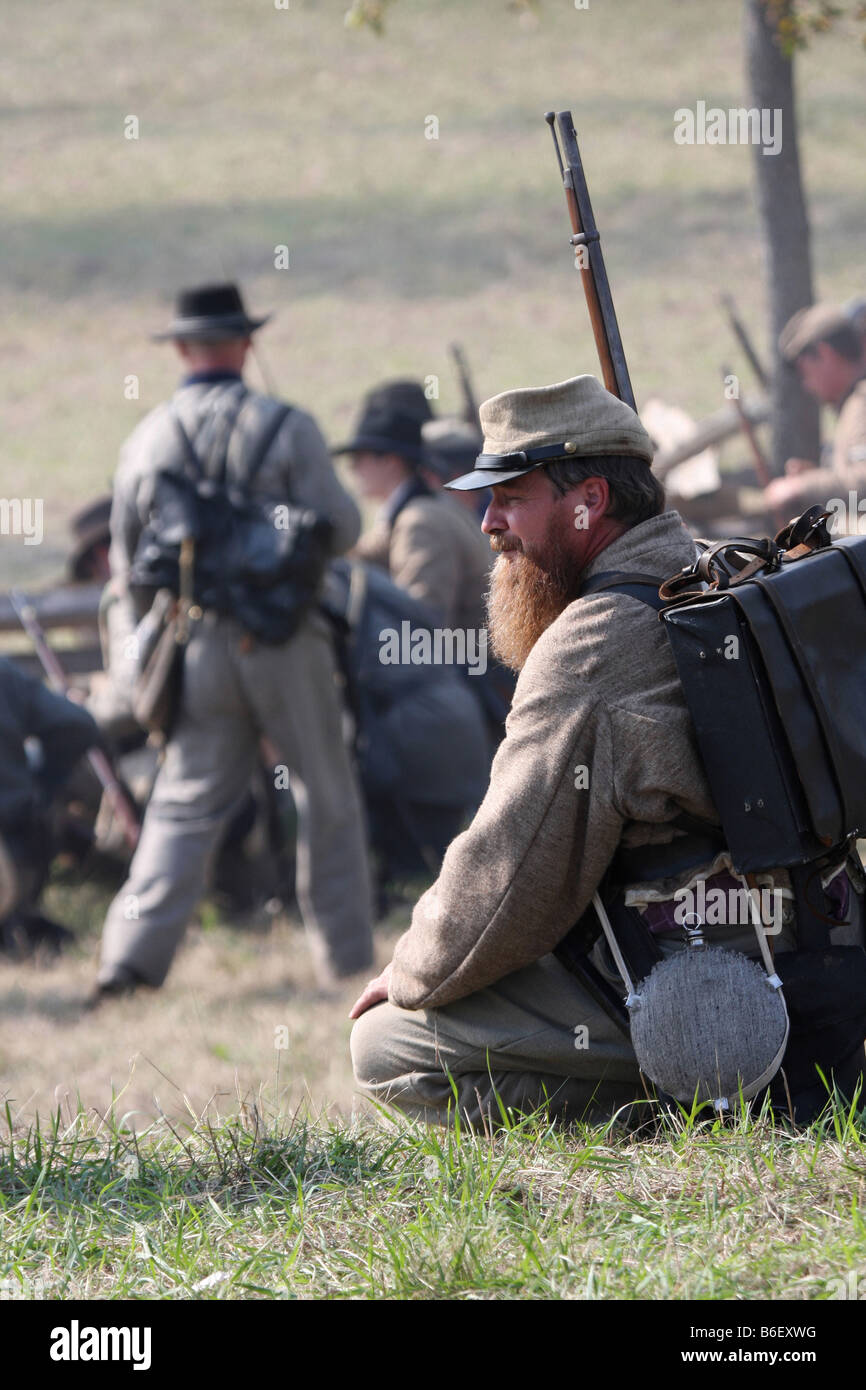 Confederate front line soldiers in battle in the Civil War reenactment at the Wade House