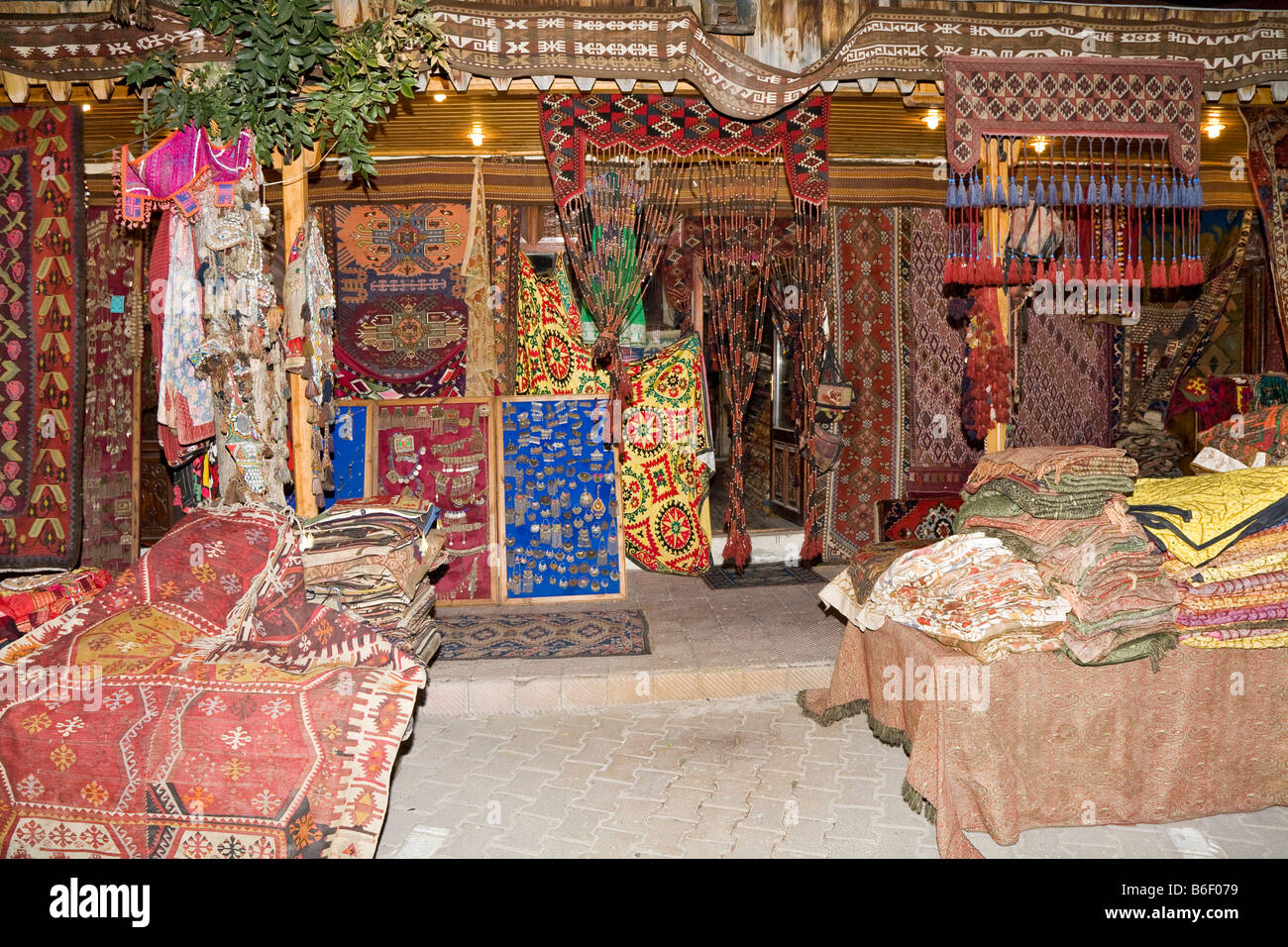 Carpet merchant in Goereme, Cappadocia, Central Anatolia, Turkey, Asia Stock Photo