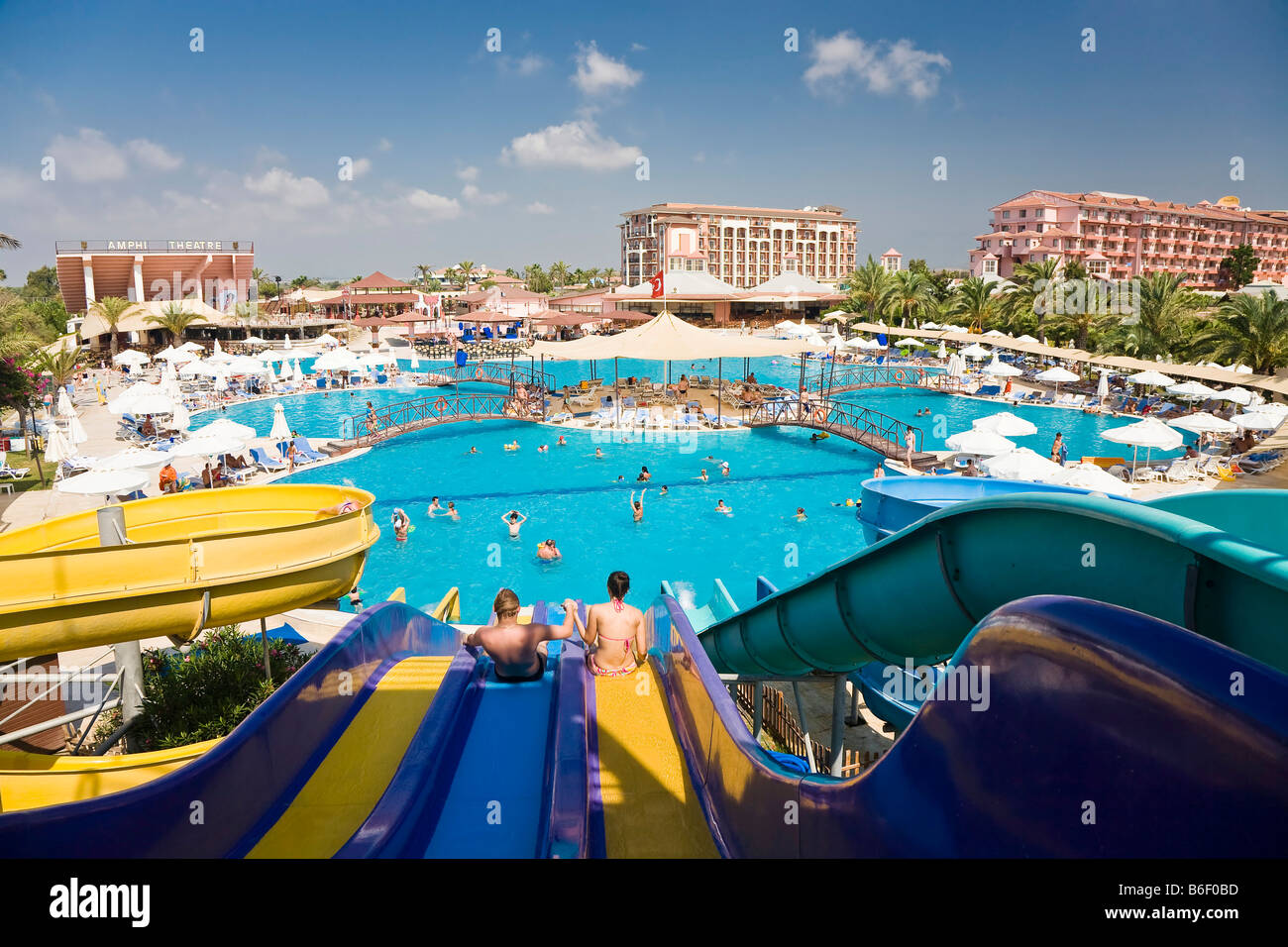 Pool landscape with water slides in Selge Beach Resort on the Turkish Riviera, Turkey, Asia Stock Photo
