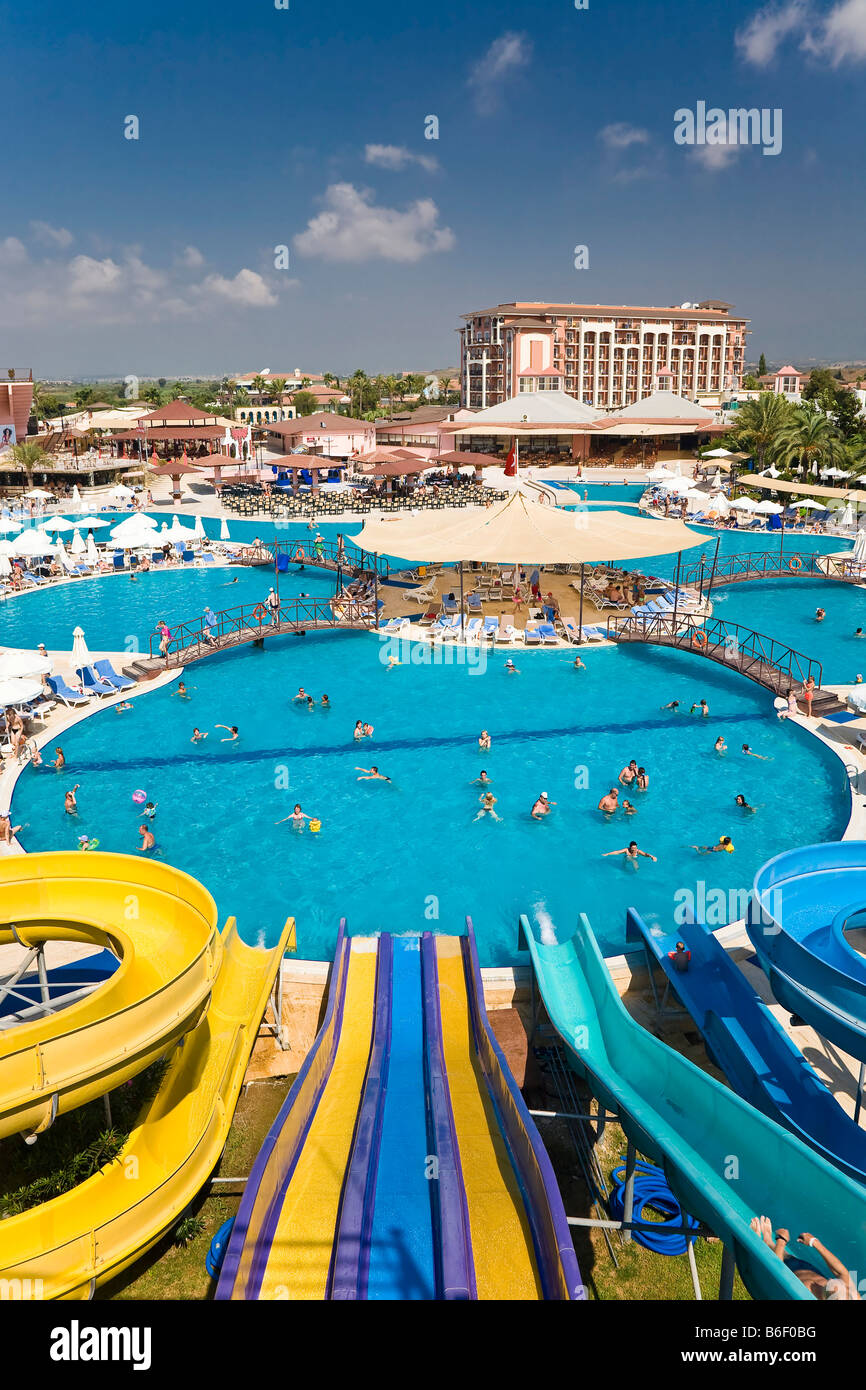 Pool landscape with water slides in Selge Beach Resort on the Turkish