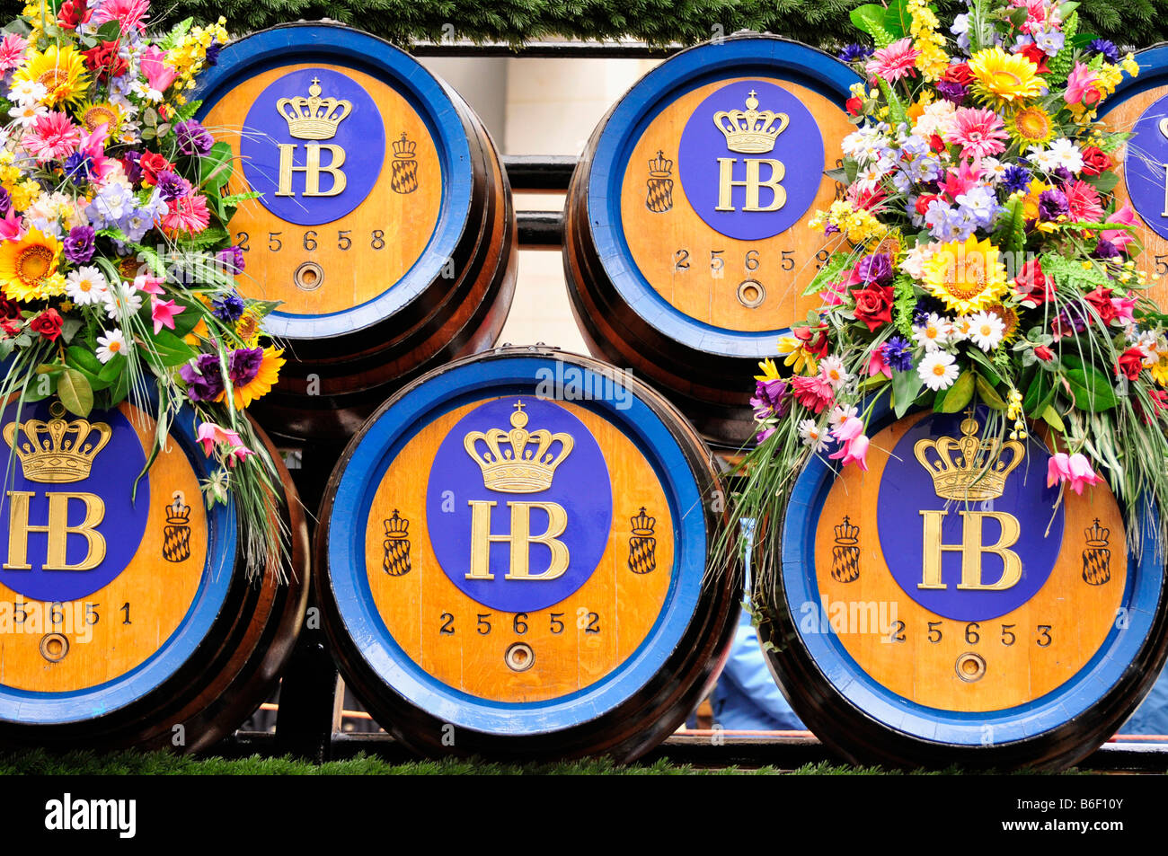 Beer kegs on a beer wagon during the traditional costume parade at the Oktoberfest, Munich