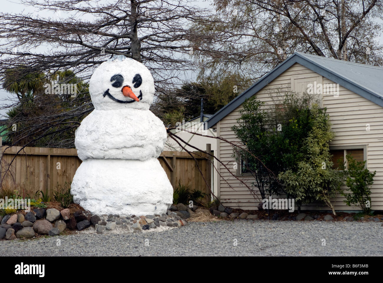 A sculpture of a snowman in ski resort town of Ohakune in Manawatu-Wanganui Region of North Island in New Zealand Stock Photo