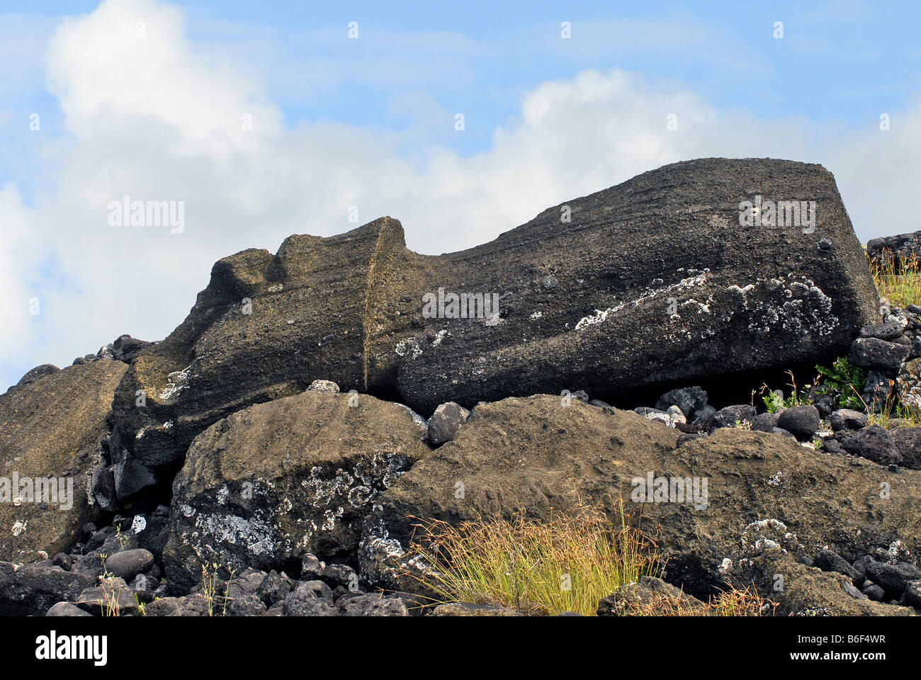 destroyed Moai Statues at Ahu Vaihu on Easter Island, Chile Stock Photo
