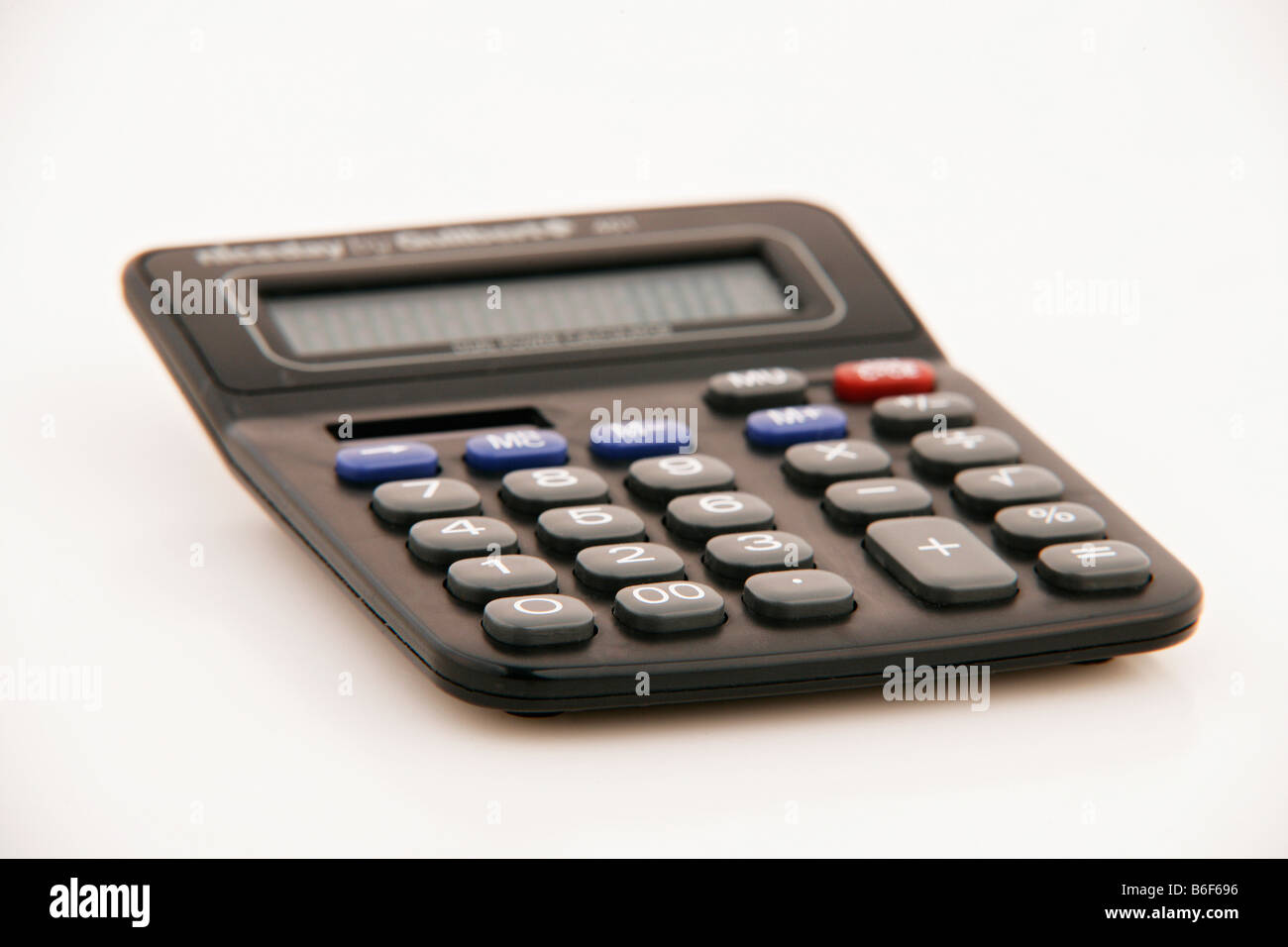 A black calculator on a white background Stock Photo