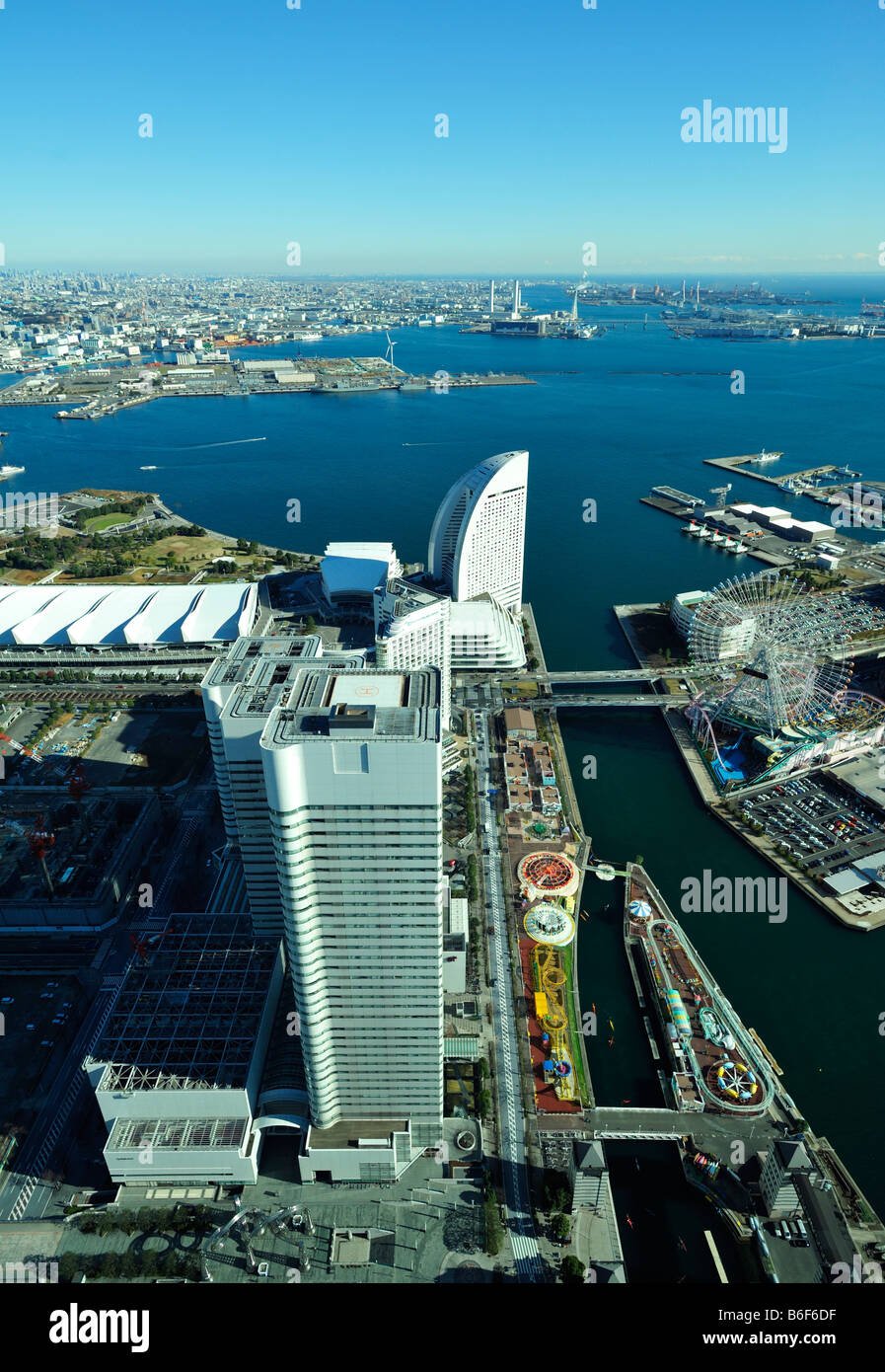 The Minato Mirai Waterfront and Harbour Aerial View, Yokohama JP Stock Photo