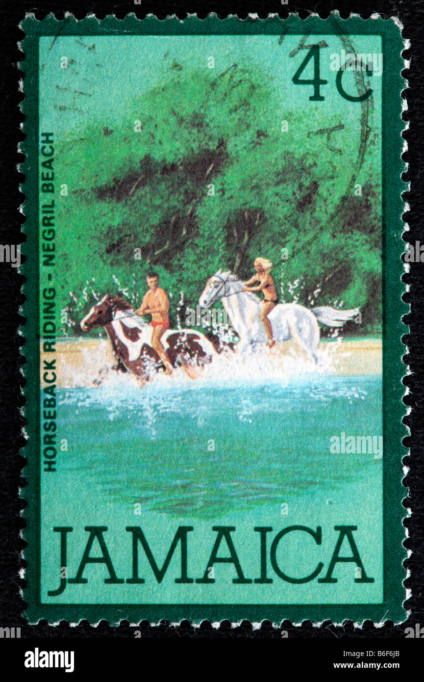 Horseback riding, Negril Beach, postage stamp, Jamaica Stock Photo Alamy